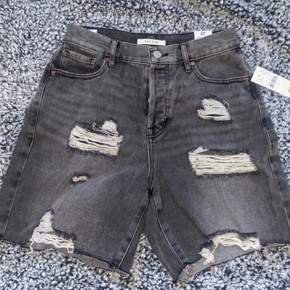 PacSun Black/Gray Denim Ripped High Rise Boy Shorts Brand New w/ Tags